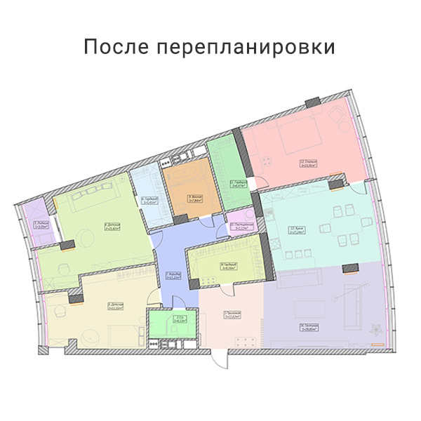 Дизайн интерьера четырехкомнатной квартиры с необычной геометрией стен