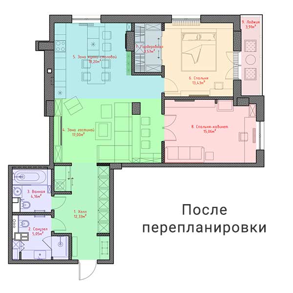 Лаконичный дизайн трехкомнатной квартиры геометричной архитектуры